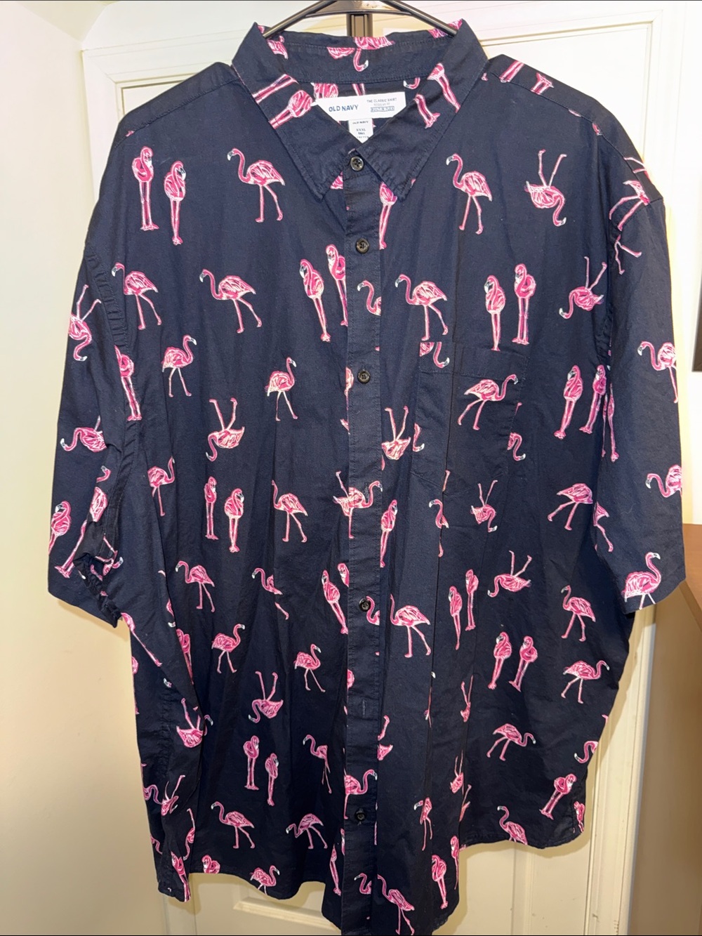 Old Navy Men’s Navy Button-Down Shirt with Pink Flamingo Print